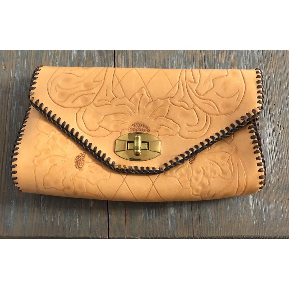 J.L Genuine Calf Hand Swen Leather Wallet Clutch Coin Pouch Tan Tooled Vintage